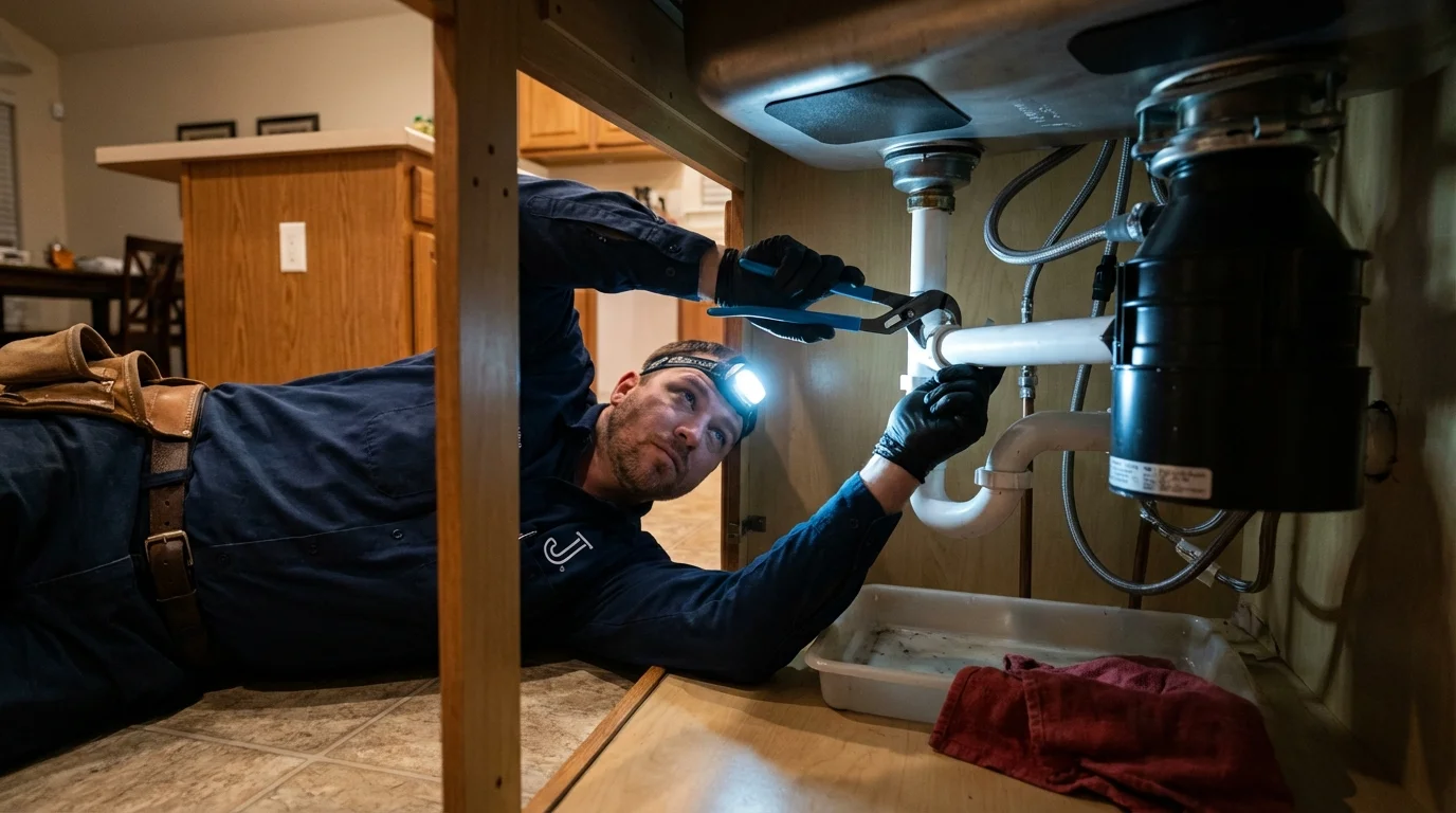 P-trap and supply line connections under a kitchen sink showing a common leak point in Greenwood, MS
